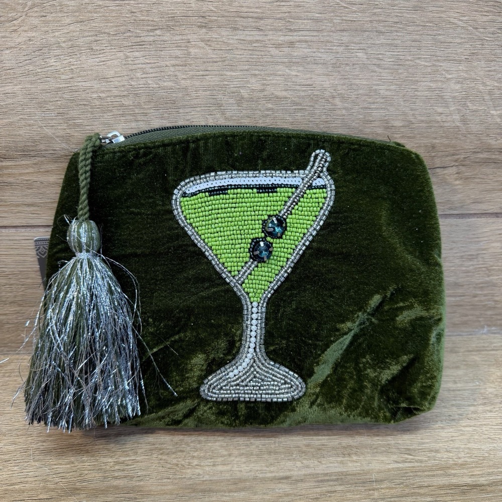 DwellStudio Hand Beaded Martini Velvet Cosmetic Bag Green Olive Makeup Pouch NWT